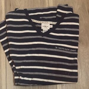 Calvin Klein Navy and White Striped V-Neck Tee